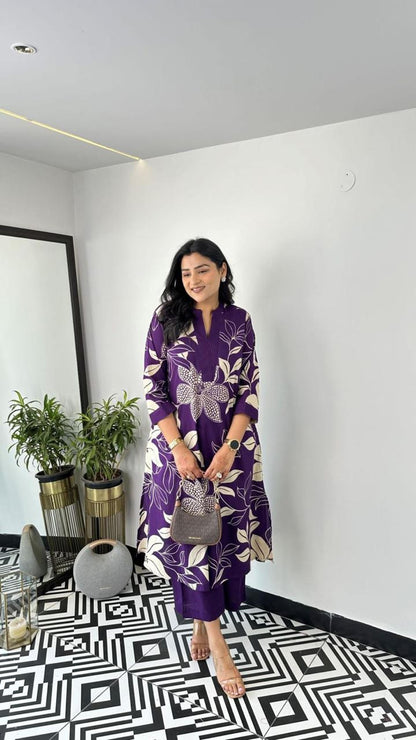 Purple Floral Printed Cotton Kurta and Pant Set