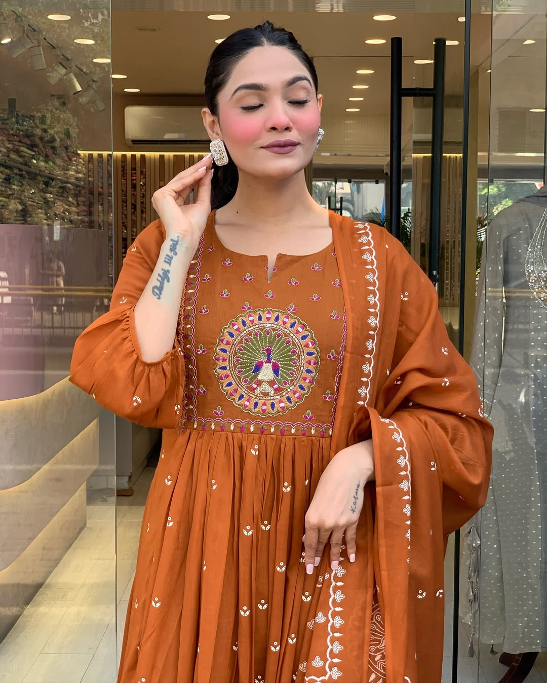 Rust Orange Embroidered Anarkali Kurta Set with Dupatta
