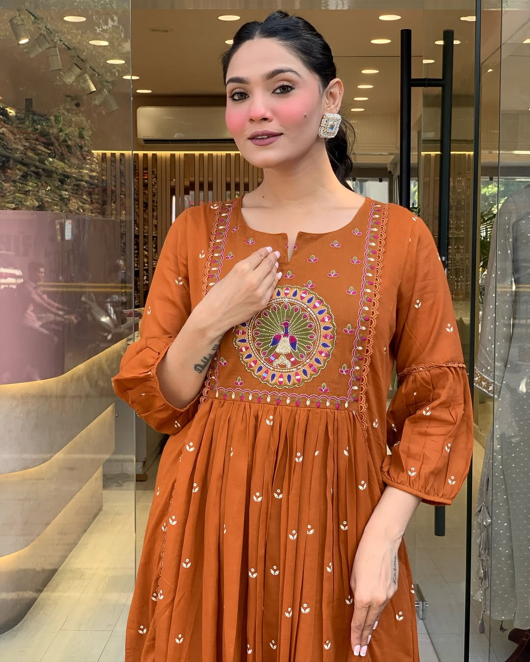 Rust Orange Embroidered Anarkali Kurta Set with Dupatta