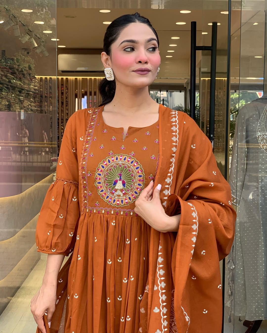 Rust Orange Embroidered Anarkali Kurta Set with Dupatta