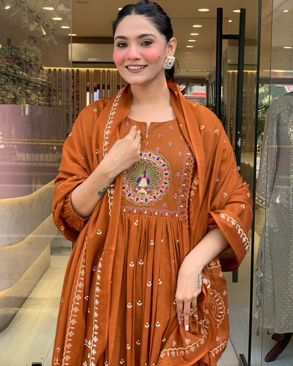 Rust Orange Embroidered Anarkali Kurta Set with Dupatta