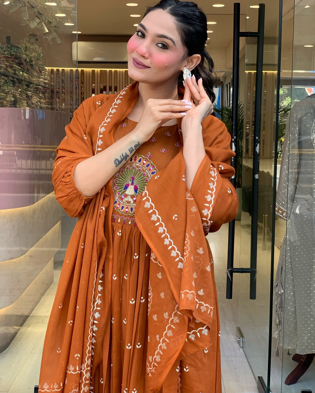 Rust Orange Embroidered Anarkali Kurta Set with Dupatta