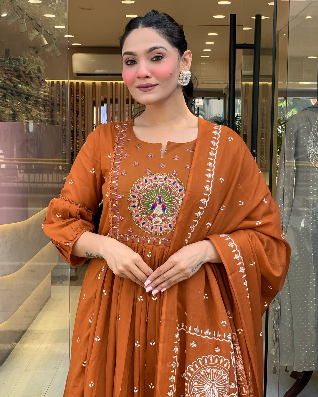 Rust Orange Embroidered Anarkali Kurta Set with Dupatta