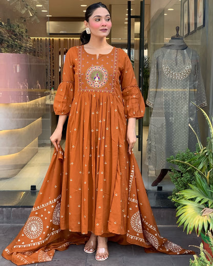 Rust Orange Embroidered Anarkali Kurta Set with Dupatta