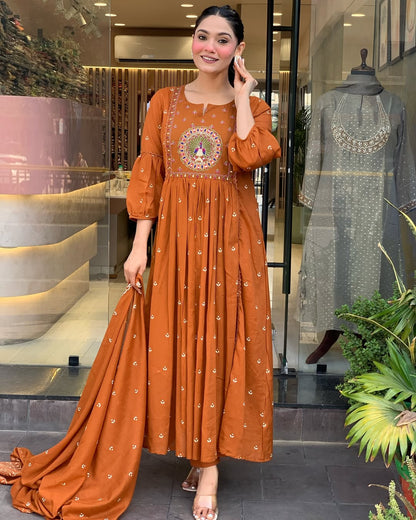 Rust Orange Embroidered Anarkali Kurta Set with Dupatta
