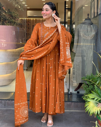 Rust Orange Embroidered Anarkali Kurta Set with Dupatta