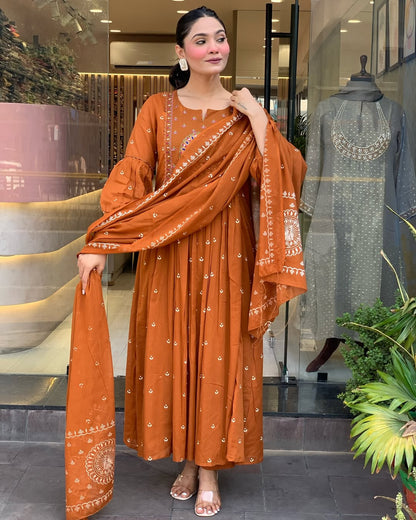 Rust Orange Embroidered Anarkali Kurta Set with Dupatta