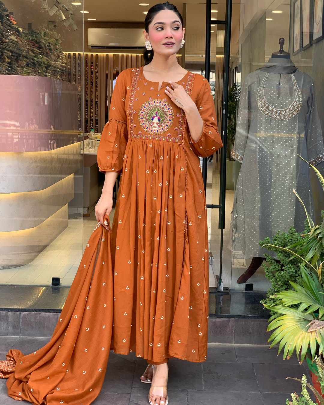 Rust Orange Embroidered Anarkali Kurta Set with Dupatta