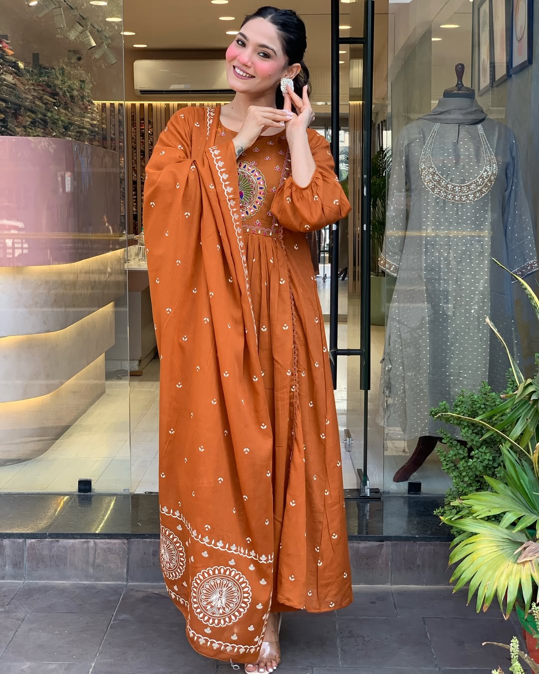 Rust Orange Embroidered Anarkali Kurta Set with Dupatta