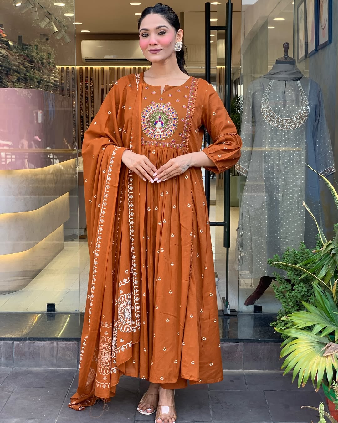 Rust Orange Embroidered Anarkali Kurta Set with Dupatta