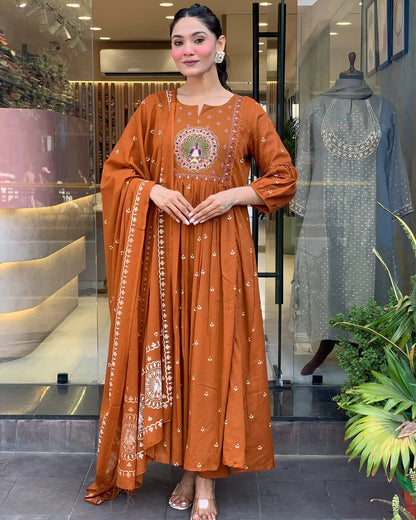 Rust Orange Embroidered Anarkali Kurta Set with Dupatta