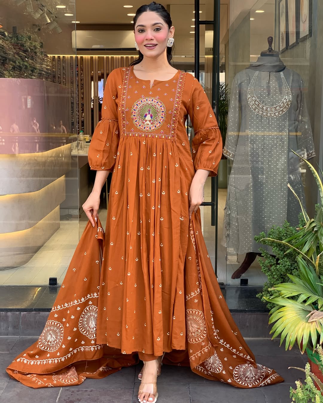 Rust Orange Embroidered Anarkali Kurta Set with Dupatta