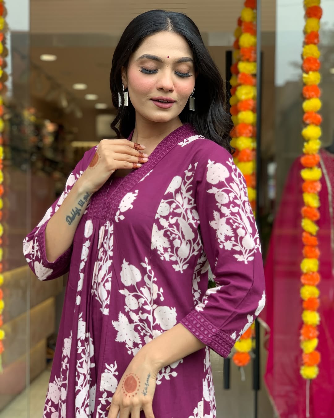 Wine Floral Printed Anarkali Kurta Set with Dupatta