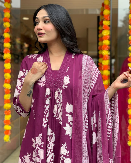 Wine Floral Printed Anarkali Kurta Set with Dupatta