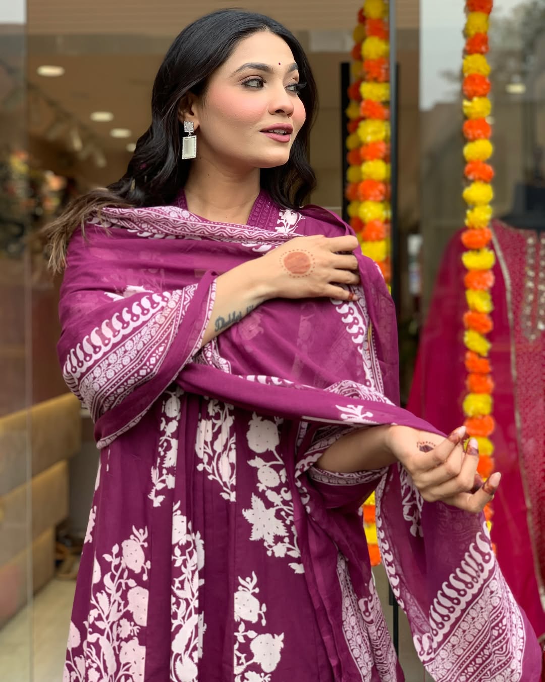 Wine Floral Printed Anarkali Kurta Set with Dupatta