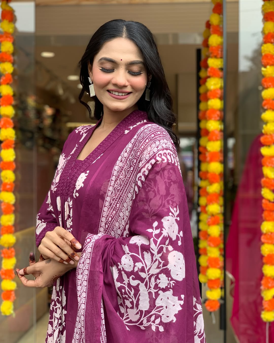 Wine Floral Printed Anarkali Kurta Set with Dupatta