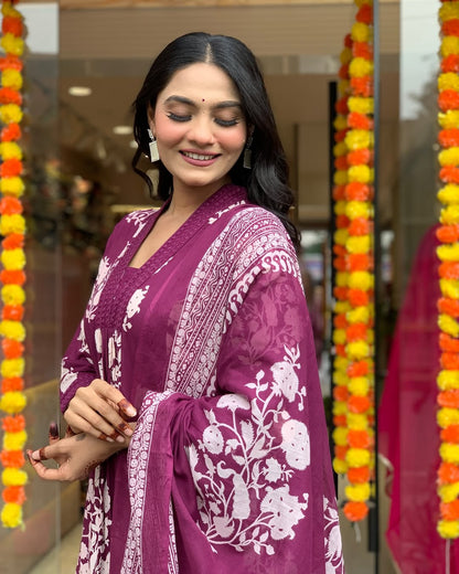 Wine Floral Printed Anarkali Kurta Set with Dupatta