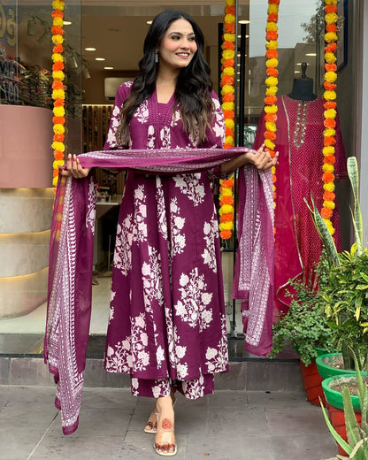 Wine Floral Printed Anarkali Kurta Set with Dupatta