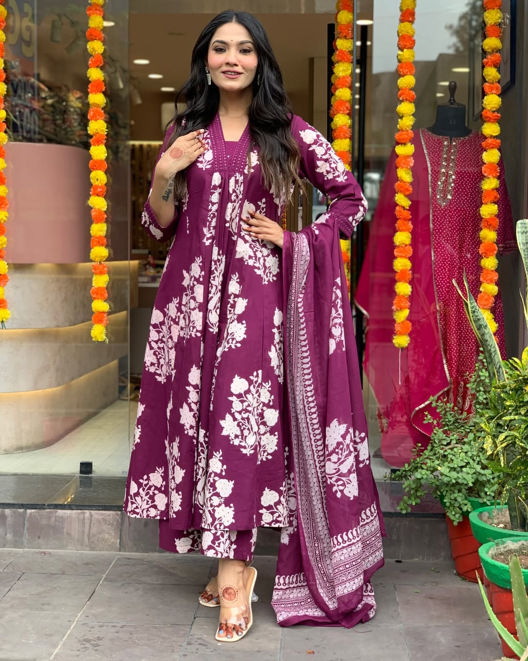 Wine Floral Printed Anarkali Kurta Set with Dupatta