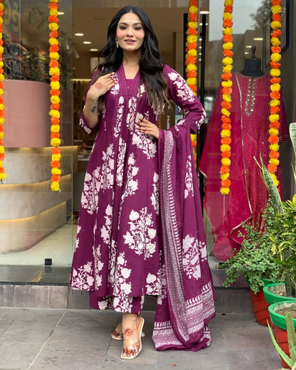Wine Floral Printed Anarkali Kurta Set with Dupatta