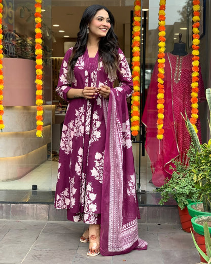Wine Floral Printed Anarkali Kurta Set with Dupatta