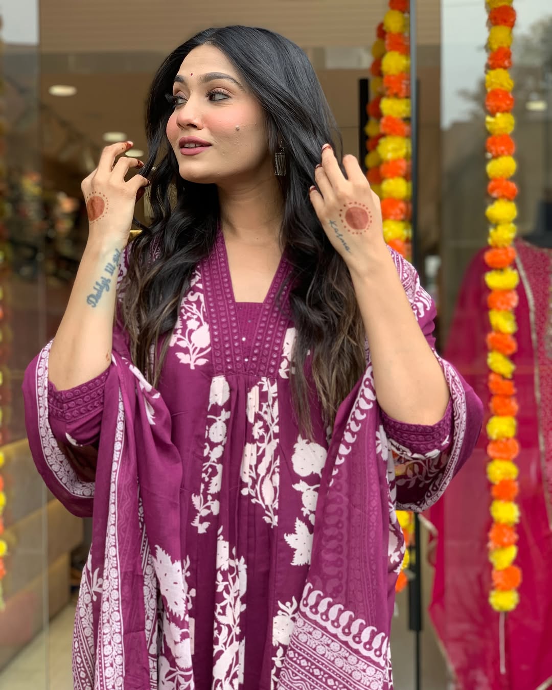 Wine Floral Printed Anarkali Kurta Set with Dupatta