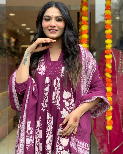 Wine Floral Printed Anarkali Kurta Set with Dupatta