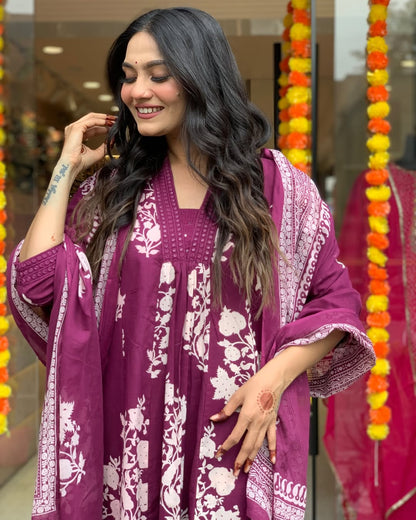Wine Floral Printed Anarkali Kurta Set with Dupatta