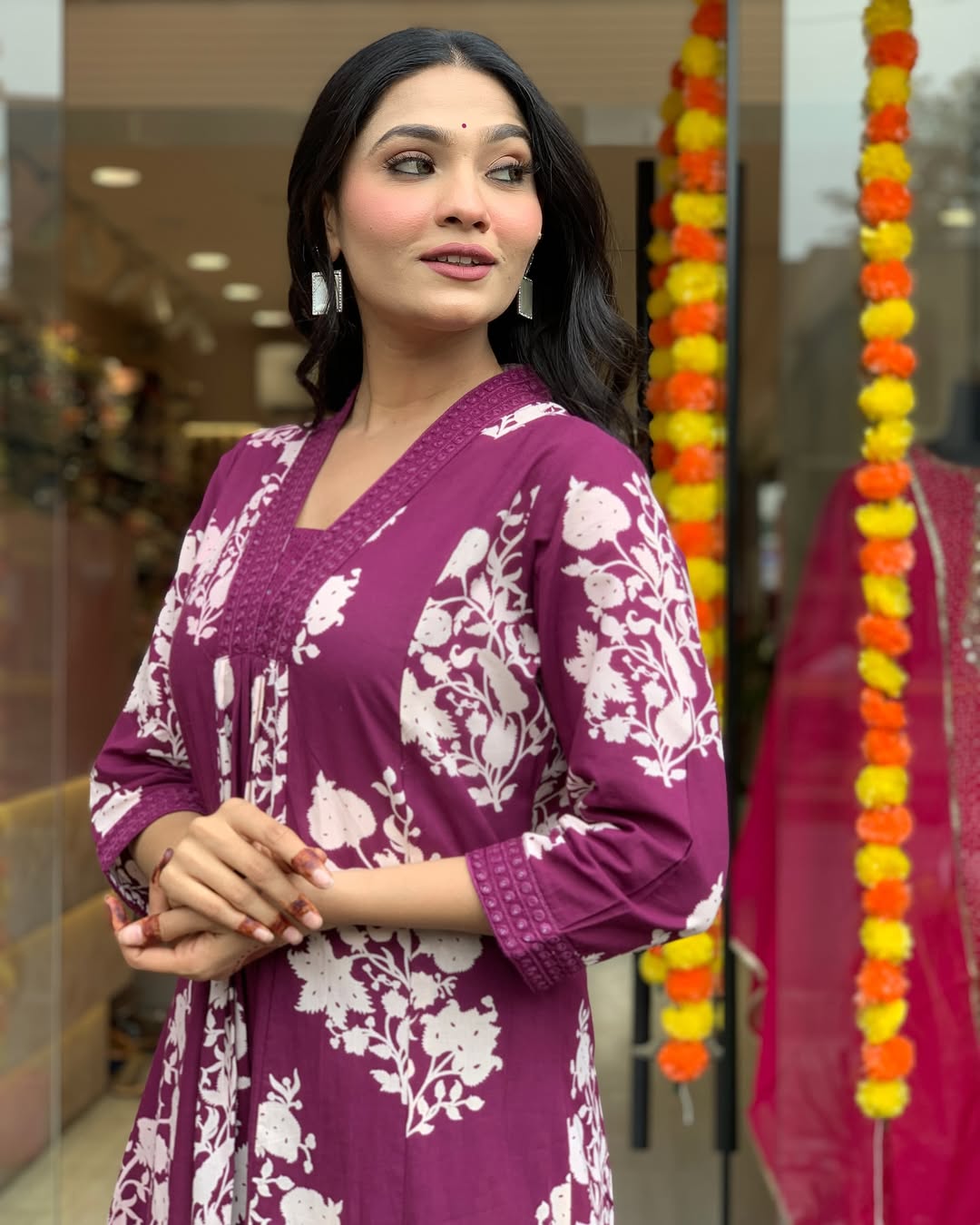 Wine Floral Printed Anarkali Kurta Set with Dupatta