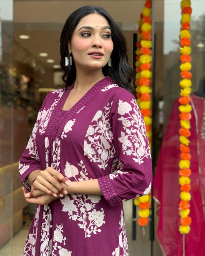 Wine Floral Printed Anarkali Kurta Set with Dupatta