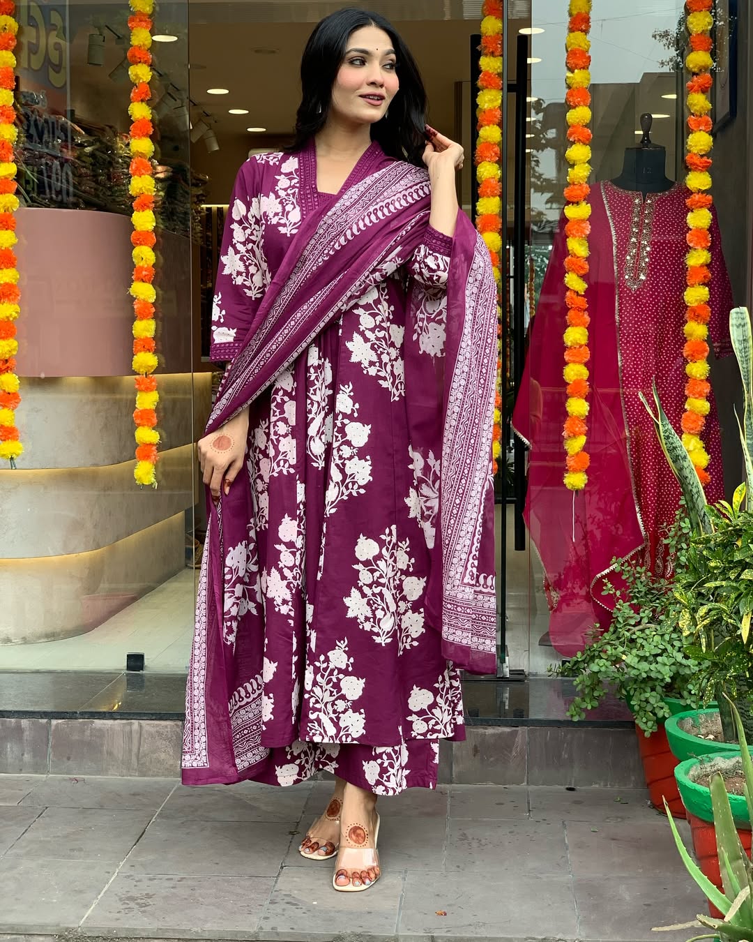 Wine Floral Printed Anarkali Kurta Set with Dupatta