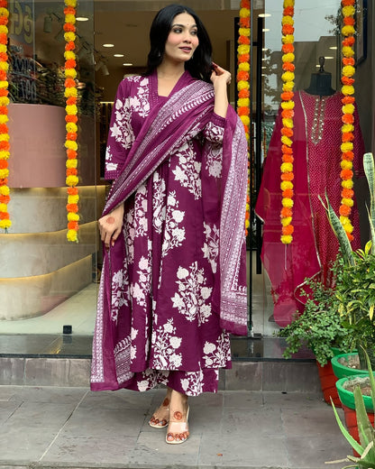 Wine Floral Printed Anarkali Kurta Set with Dupatta
