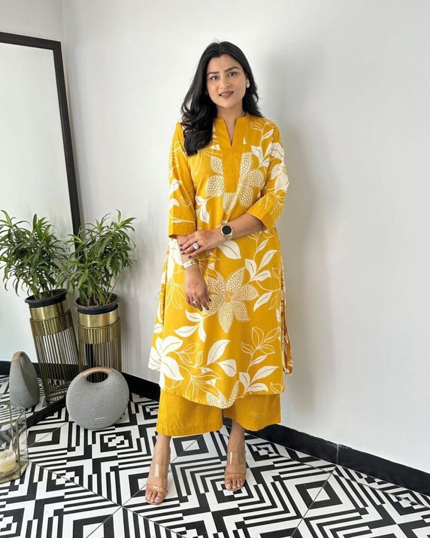 Yellow Floral Kurti Pant Set