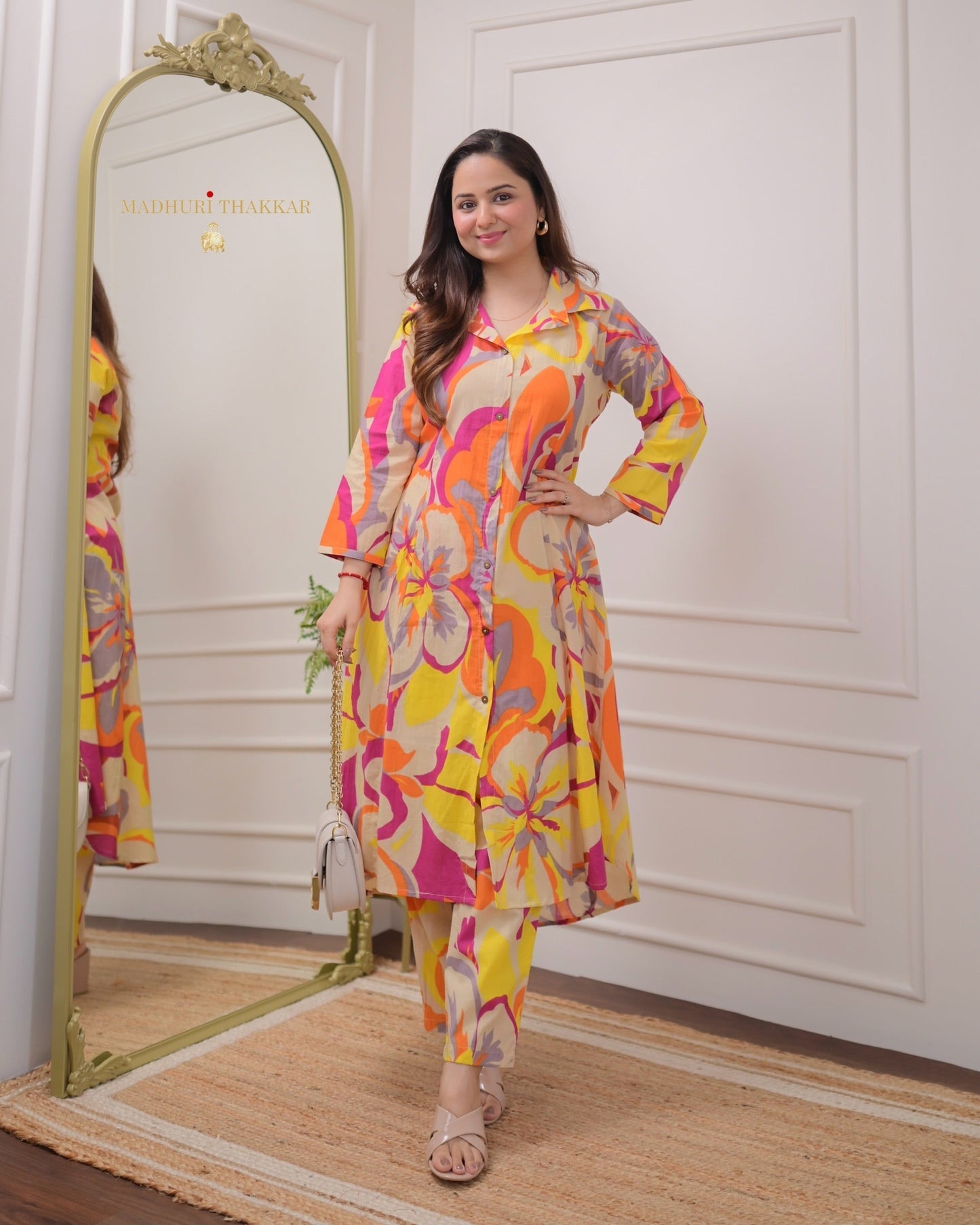 Ivory Orange Abstract kurti Set