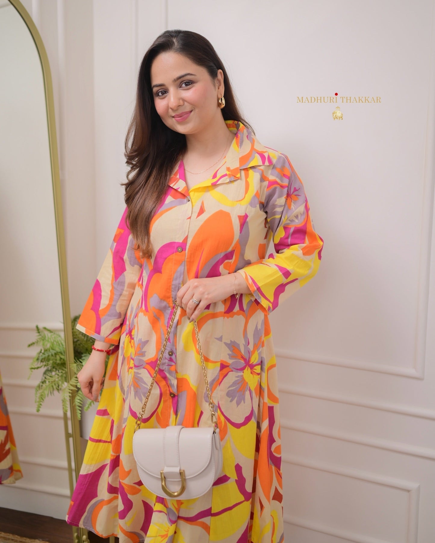 Ivory Orange Abstract kurti Set