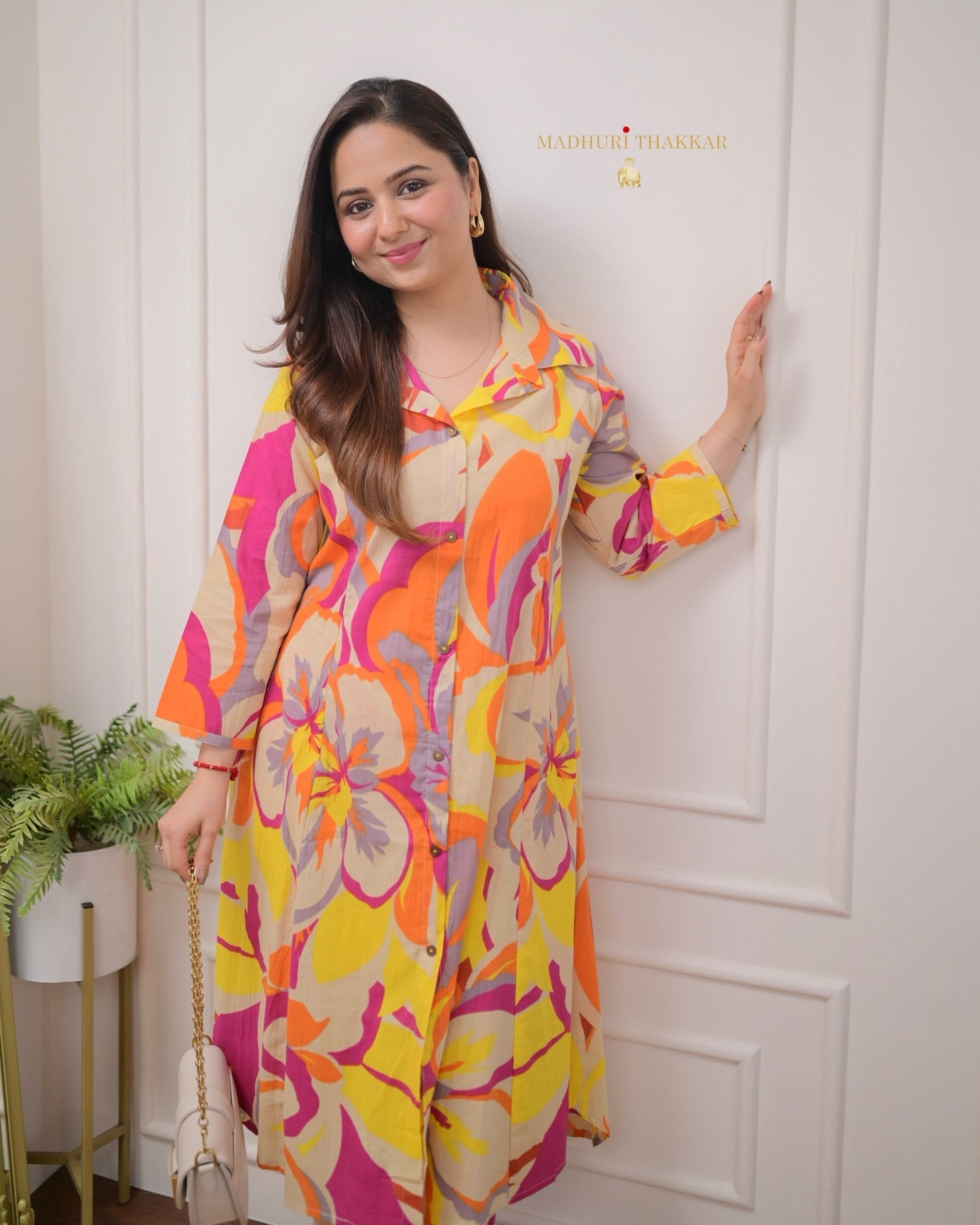Ivory Orange Abstract kurti Set
